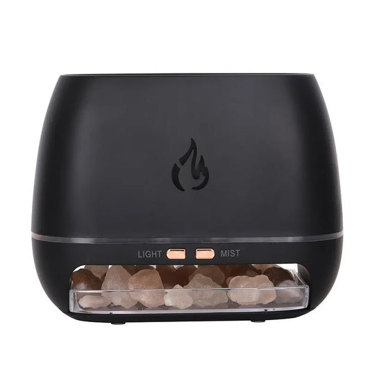 Himalaya zoutlamp diffuser met warme oranje gloed en zachte damp